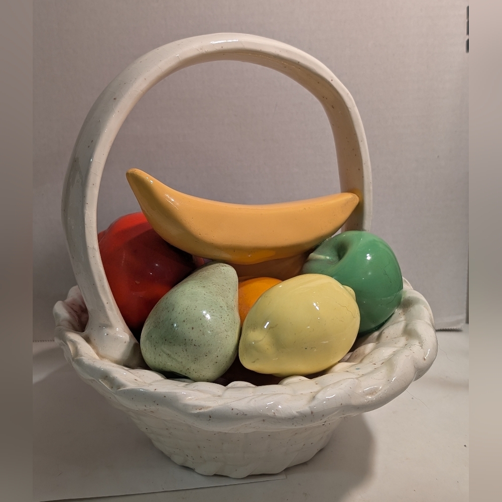 Vintage Ceramic Art Pottery Fruit Basket with Handle Centerpiece.